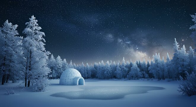 Solitary igloo situated in a tranquil snow-covered forest at night, illuminated under a breathtaking starry sky with a magical winter atmosphere. - Powered by Adobe