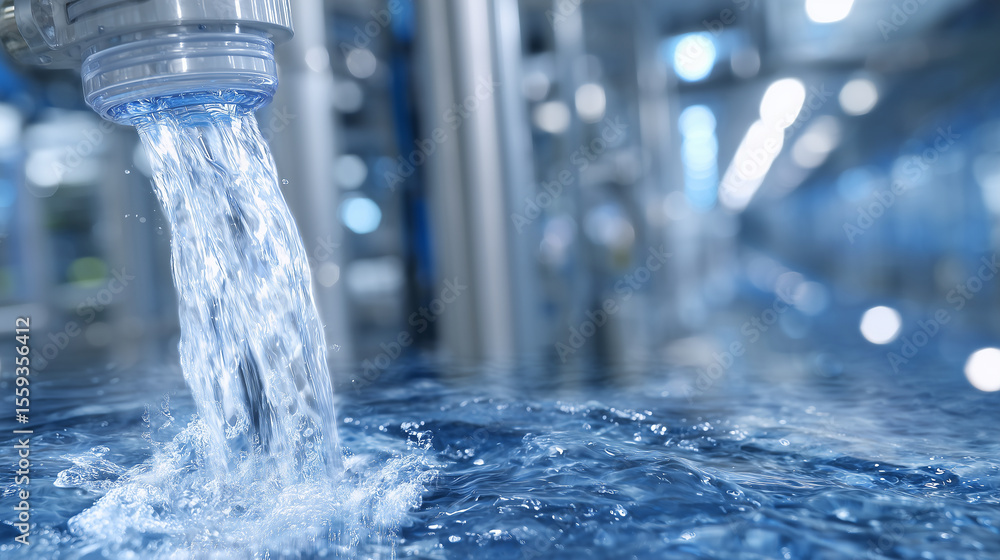 Poster water filter system with reverse osmosis technology in action, bottles filling with pristine water, 