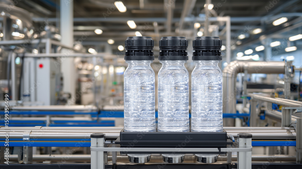 Poster close-up of reverse osmosis water purifier with multiple clear bottles filled to the brim, surrounde