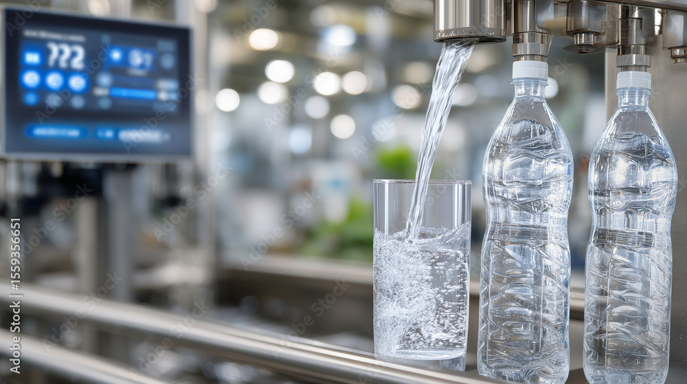 Poster crystal-clear water flowing from a filtration system into transparent bottles, emphasizing clean tec