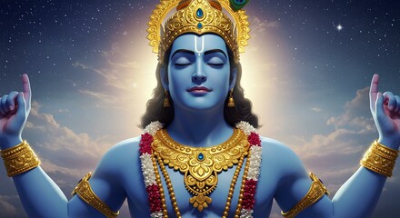 Devotional portrayal of Lord Vishnu with serene expression, adorned in golden jewelry and celestial blue skin, set against a backdrop of a bright, cloudy sky
