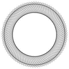 Circular frame-shaped element formed by intertwining, sinuous, thin black lines