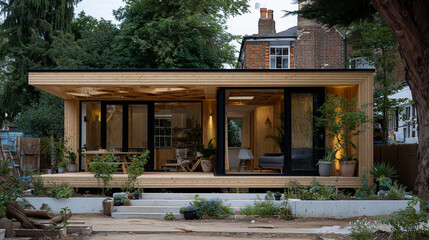 Wooden frame extension rises beside completed section of house, large black-framed windows installed into timber skeleton, showcasing eco-conscious residential construction