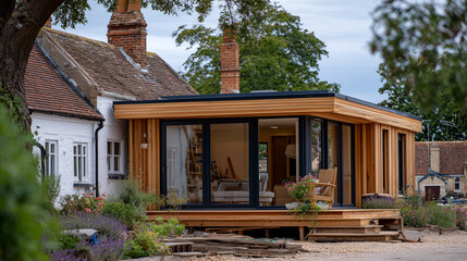 Wooden frame extension rises beside completed section of house, large black-framed windows installed into timber skeleton, showcasing eco-conscious residential construction