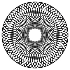 Circular frame-shaped element formed by intertwining, sinuous, thin black lines