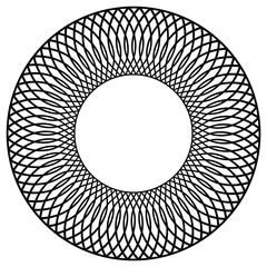 Circular frame-shaped element formed by intertwining, sinuous, thin black lines