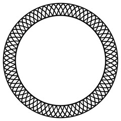 Circular frame-shaped element formed by intertwining, sinuous, thin black lines