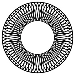 Circular frame-shaped element formed by intertwining, sinuous, thin black lines