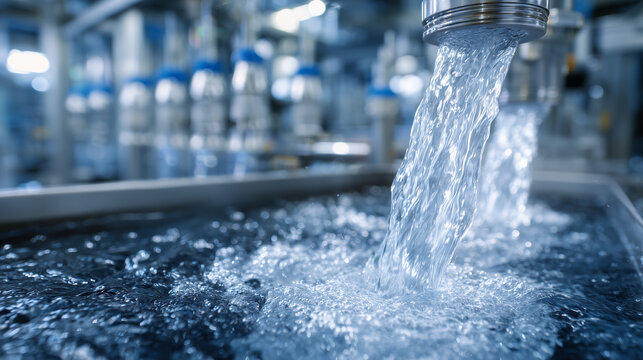 Crystal-clear water flowing from a filtration system into transparent bottles, emphasizing clean technology and liquid purity, with sleek aqua tech instruments in the background