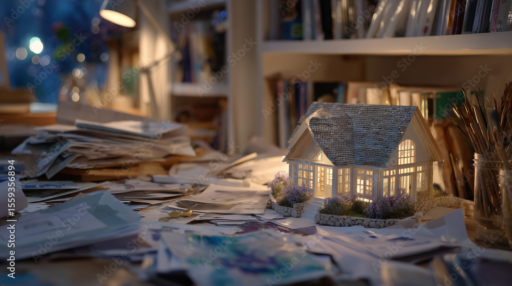 Poster professional architectural workspace with clean floor plans, a miniature model home with pitched roo