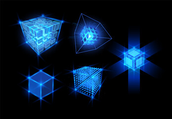 Energy cube blocks vector designs set, shining blue neon square grid shape, high tech technology, digital matrix box