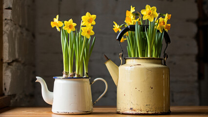 Fototapeta premium Spring daffodils in vintage teapots, rustic floral decor, yellow narcissus flowers, upcycled kettle planters, cottage style arrangement, blooming bulbs display, indoor gardening idea