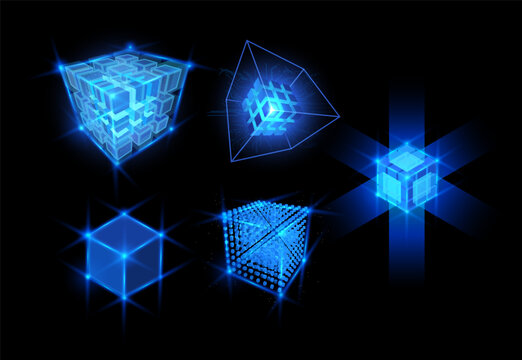 Energy cube blocks vector designs set, shining blue neon square grid shape, high tech technology, digital matrix box