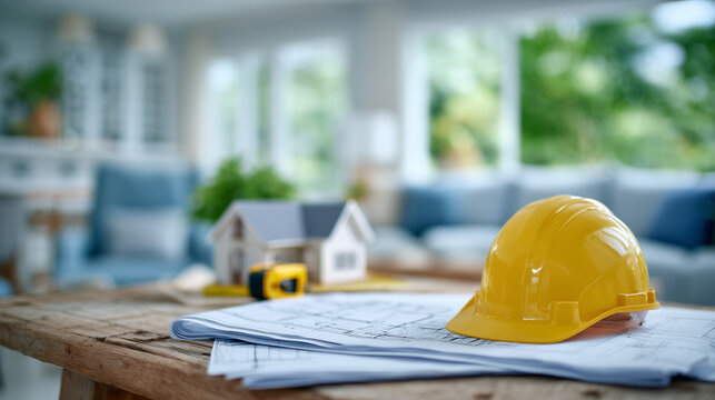 Engineering table with unfolded residential construction blueprints, compact model home placed over the living room area, yellow hard hat and measuring tape in the corner