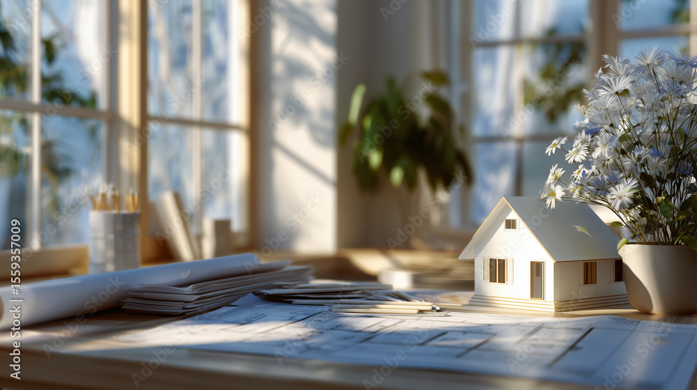 Poster minimalist drafting table scene with clean architectural renderings, model house positioned on layou