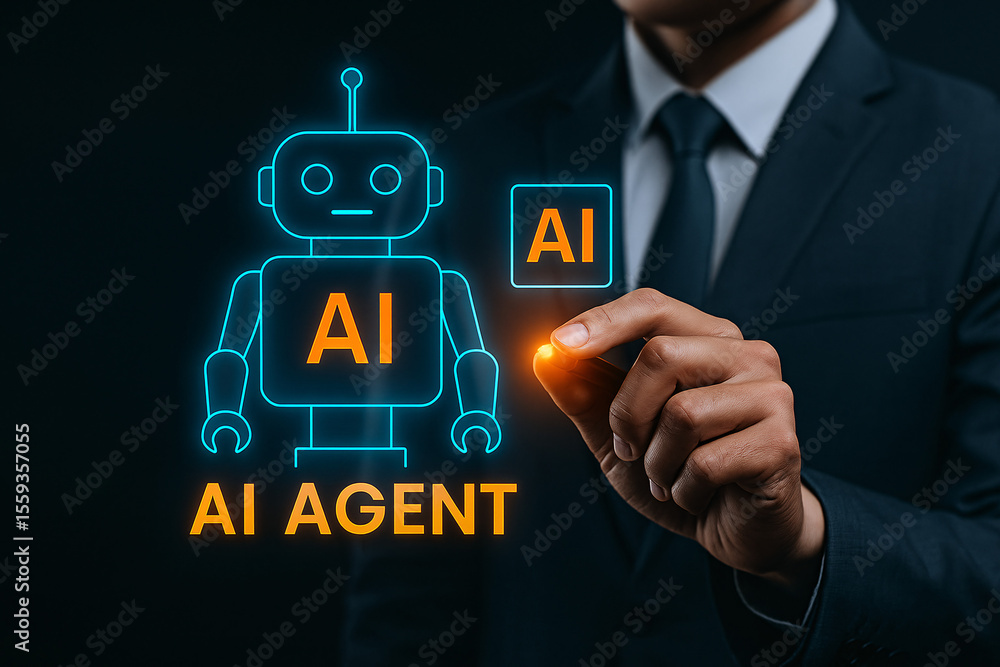 Poster businessman interacting with a futuristic ai agent interface. concept of artificial intelligence in 