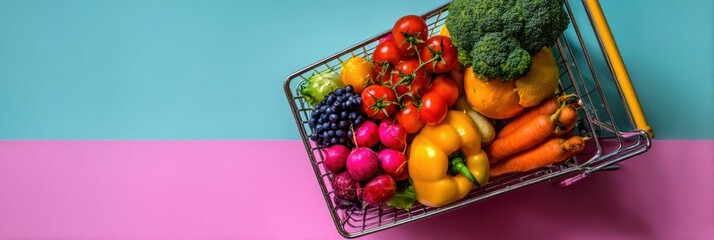 Brightly Colored Produce Fills a Grocery Cart in a Vibrant Setting Promoting Healthy Eating and Nutrition Awareness