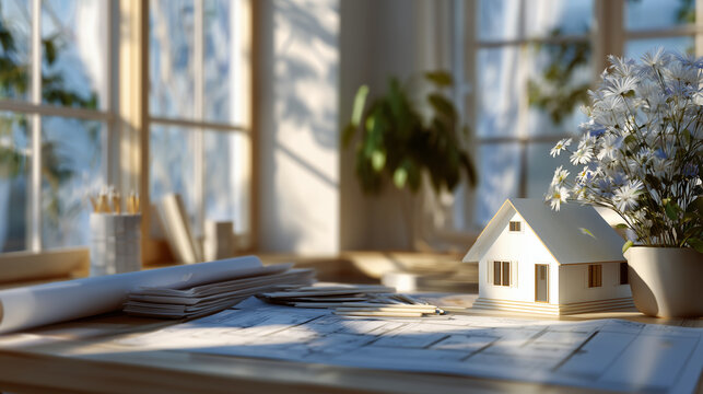 Minimalist drafting table scene with clean architectural renderings, model house positioned on layout, soft shadows cast by daylight through workshop windows