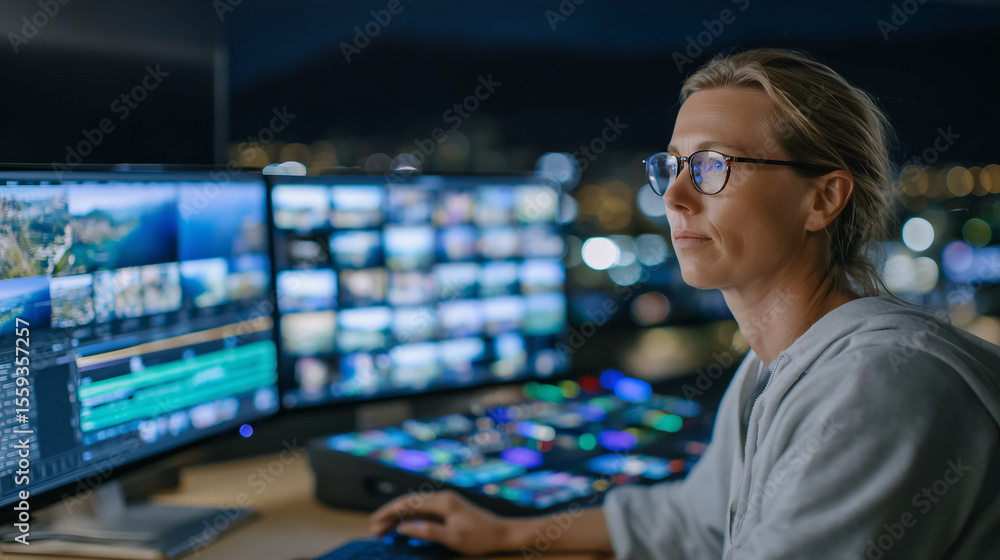 Poster woman managing a video production project, switching between clips and effects panels on three-monit
