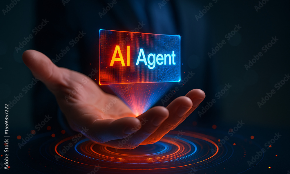 Poster hand holding a futuristic holographic interface with ai agent text. concept of augmented reality (ar