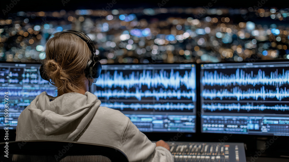 Poster female editor in hoodie fine-tuning video transitions across expansive monitor array, waveform audio