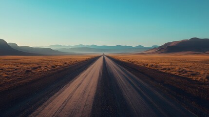 Fototapeta premium Endless Horizons: A Minimalist Desert Road Leading Towards Distant Mountains and Boundless Freedom