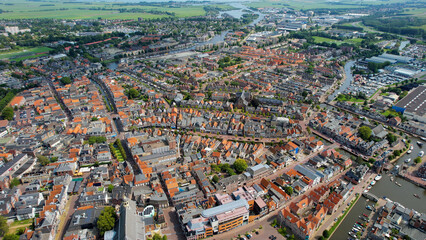 Aerial view of the old town of the city Sneek in the Netherlands on a sunny day in summer	

