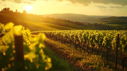 Fototapeta premium A breathtaking Tuscan vineyard bathed in the warm, golden light of the setting sun.