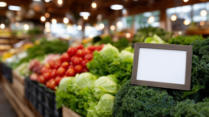 Bright and welcoming greengrocer interior lined with fresh lettuce, tomatoes, apples, and citrus, sunbeams casting soft shadows on a wooden-framed blank sign for in-store promotion