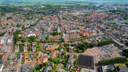 Aerial view of the old town of the city Sneek in the Netherlands on a sunny day in summer	
