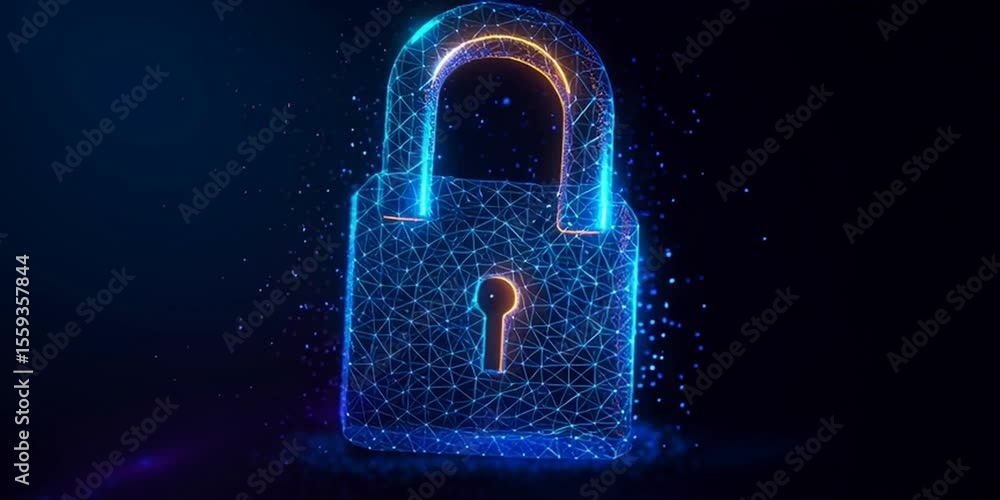 Poster abstract polygonal padlock on a dark blue background with a neon glowing effect, a symbol of data pr