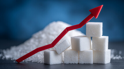 Graph-like composition of stacked sugar cubes forming rising bars, a bright red arrow ascends diagonally above them, representing increase in diabetes and obesity rates