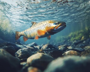 Fototapeta premium Salmon swimming upstream in Alaskan rivers, dramatic natural scene, and clear water