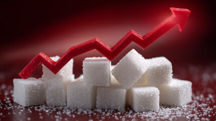 Conceptual image of sugar cubes growing like financial chart columns, intense red arrow soaring upward to highlight excessive sweet food intake and health alarms