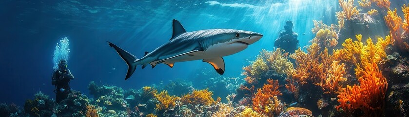 Fototapeta premium Shark conservation team deploying tracking devices, vibrant marine scene, and professional care