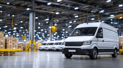 Interior of modern logistics hub featuring rows of identical white vans, organized with precision under bright LED lighting, conveying efficiency and readiness for shipment