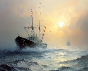 Obraz premium Shrimp fishing operation in tropical coastal waters, trawler visible on the horizon, and soft morning light