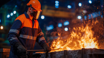 Industrial production scene where a metallurgical worker in orange safety gear controls the smelting furnace, flames licking the edges of the crucible filled with molten aluminum