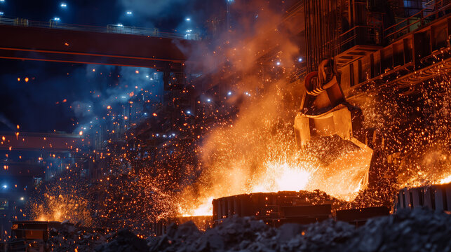 Safety-focused industrial scene showing worker operating a large smelting ladle pouring molten aluminum into casting molds amid bright flames and scattered sparks