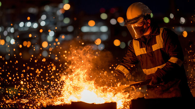 Safety-focused industrial scene showing worker operating a large smelting ladle pouring molten aluminum into casting molds amid bright flames and scattered sparks