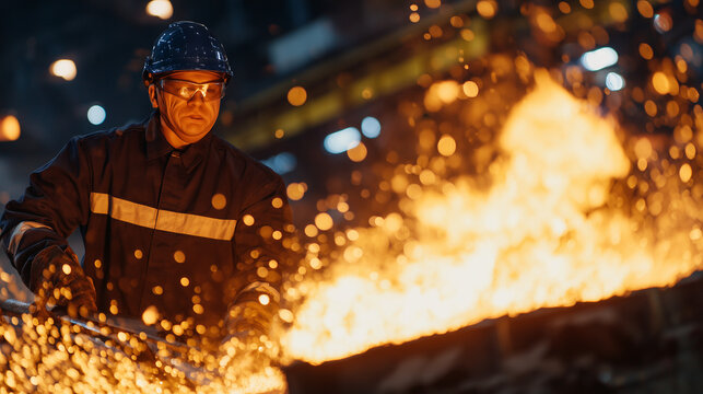 Safety-focused industrial scene showing worker operating a large smelting ladle pouring molten aluminum into casting molds amid bright flames and scattered sparks