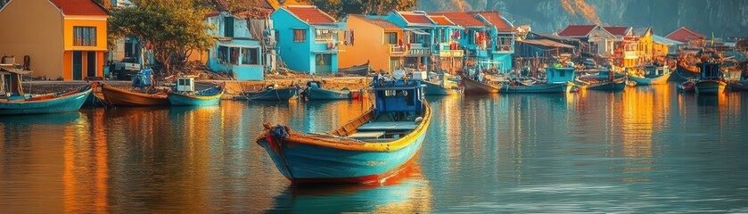 Vietnamese floating fishing village with colorful boats and houses, calm bay, and warm natural light