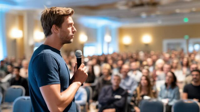 Confident young man public speaking with microphone conference, addressing large audience modern event hall, speaker sharing ideas and engaging crowd professional seminar, communication