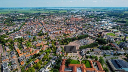 Aerial view of the old town of the city Sneek in the Netherlands on a sunny day in summer	
