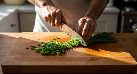 A person chops fresh green onions with a knife on a wooden cutting board in the kitchen.