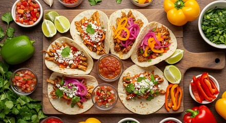 Delicious tacos with various fillings, salsa, and fresh toppings, ready to be enjoyed.