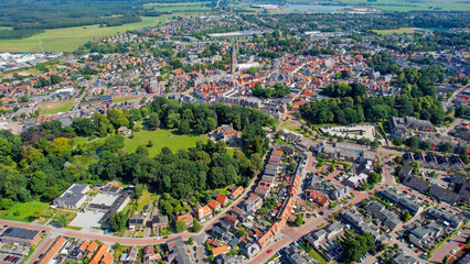 Aerial view of the old town of the city Steenwijk in the Netherlands on a sunny day in summer	