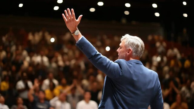 Man blue suit with gray hair raising hand stage, addressing large audience auditorium, motivational and confident public speaking event, leadership, inspiration, professional setting, indoor