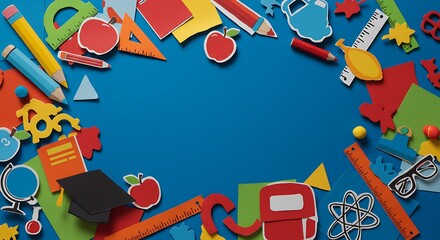 Back to school concept with colorful paper cutouts and school supplies.