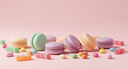 Obraz premium Assortment of vibrant macarons and candies on a pastel pink surface.